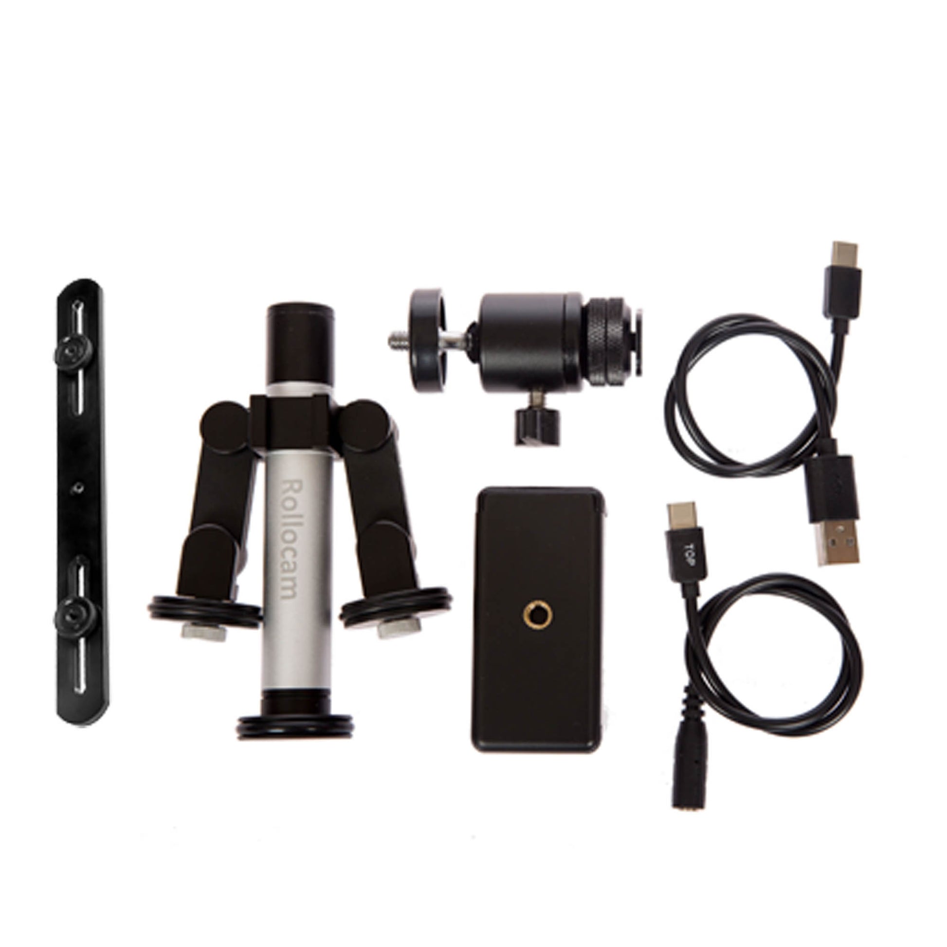TalentTracker includes phone clamp, ball head, balancing adapter, charging cable, DSLR control port and the Rollocam H-2, the world's most intelligent tripod